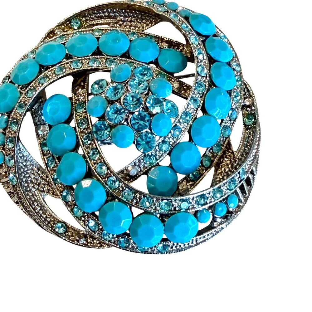 VTG Turquoise Rhinestone Spiral Brooch 2" Pendant Silver-Tone Intricate Swirl - Picture 2 of 4